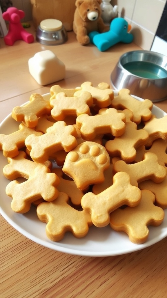 Homemade white dog treats shaped like bones and paws on a plate in a cozy kitchen.